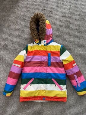 Mini Boden All Weather Coat Ski Jacket Size 8-9Y Faux Fur Hood - Bright Stripes